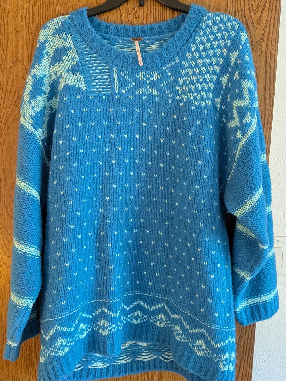 Free People Blue Patterned Crewneck Sweater